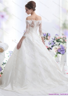 2015 Elegant Off the Shoulder Wedding Dress with 3/4 Length Sleeve