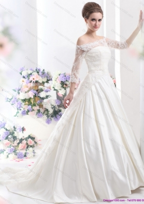 2015 Elegant Off the Shoulder Wedding Dress with 3/4 Length Sleeve