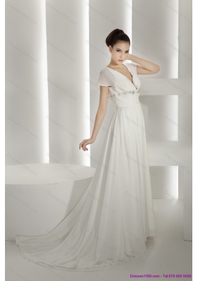 2015 Popular Brush Train White Wedding Dresses with Ruching and Beading