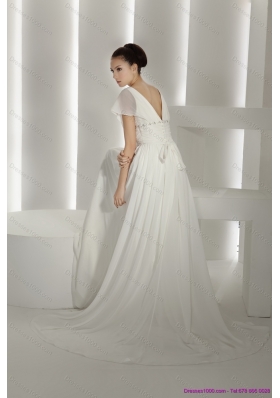 2015 Popular Brush Train White Wedding Dresses with Ruching and Beading