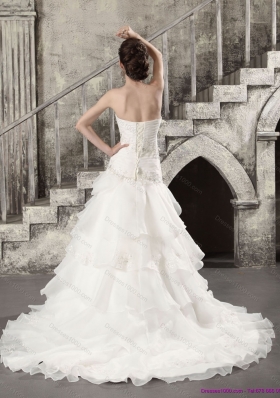 2015 Pretty White Strapless Bridal Gowns with  Brush Train and Ruffles