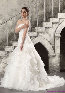 2015 Pretty White Strapless Bridal Gowns with  Brush Train and Ruffles