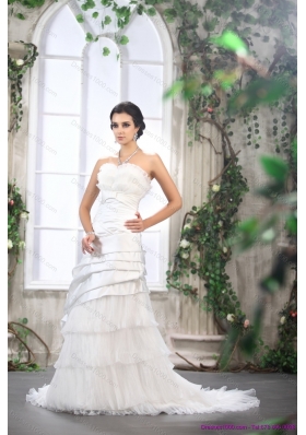 2015 Unique Ruffled Layers White Wedding Dresses with Brush Train