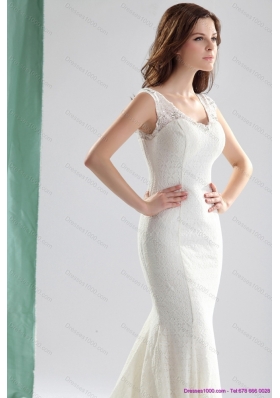 2015 Unique White Wedding Dresses with Lace and Brush Train