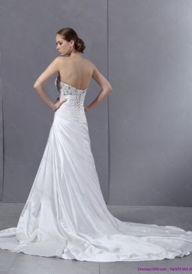 2015 White Pleated Sequined Wedding Dresses with Court Train