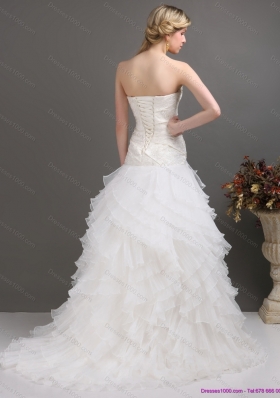 2015 White Strapless Pleated Wedding Dresses with Ruffled Layers