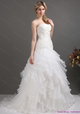 2015 White Strapless Pleated Wedding Dresses with Ruffled Layers