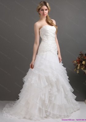 2015 White Strapless Pleated Wedding Dresses with Ruffled Layers