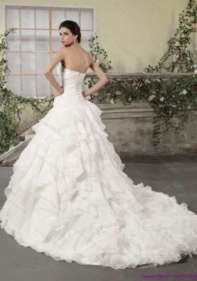 2015 White Strapless Ruffled Wedding Dresses with Chapel Train and Beading