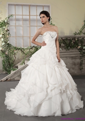 2015 White Strapless Ruffled Wedding Dresses with Chapel Train and Beading