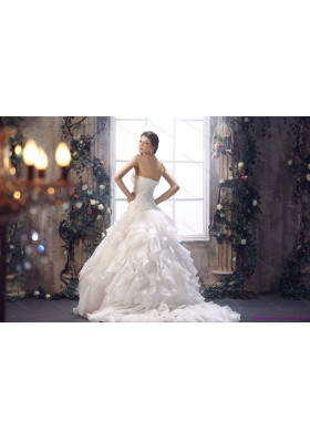 2015 White Strapless Ruffled Wedding Dresses with Chapel Train and Beading