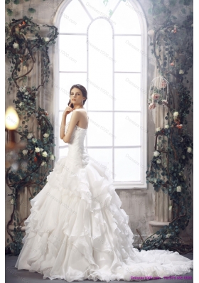 2015 White Strapless Ruffled Wedding Dresses with Chapel Train and Beading