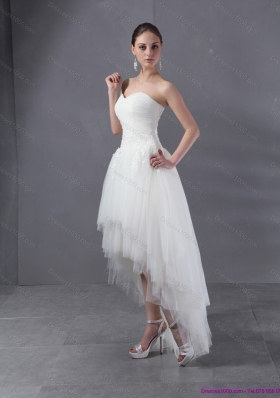 High Low 2015 White Sweetheart Wedding Dresses with Ruching and Appliques