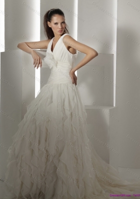 Ruffled 2015 Brush Train White Wedding Dresses with Hand Made Flower