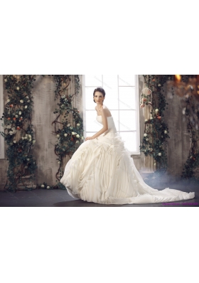 Top Selling White Strapless Wedding Dresses with Chapel Train and Beading