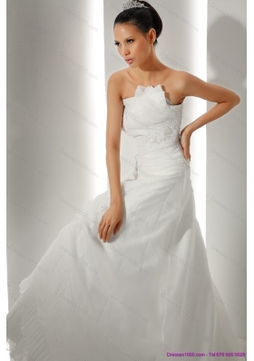 Unique Brush Train Ruching White Wedding Dresses with Appliques for 2015