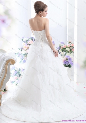 White 2015 Brush Train Wedding Dresses with Ruffled Layers and Sequins