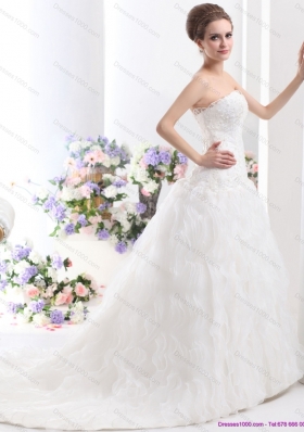 White 2015 Brush Train Wedding Dresses with Ruffled Layers and Sequins