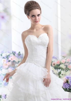 White 2015 Brush Train Wedding Dresses with Ruffled Layers and Sequins