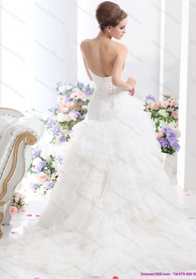 White 2015 Brush Train Wedding Dresses with Ruffled Layers and Sequins