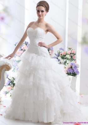 White 2015 Brush Train Wedding Dresses with Ruffled Layers and Sequins