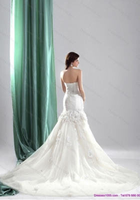 White 2015 Chapel Train Strapless Wedding Dresses with Ruching and Hand Made Flowers