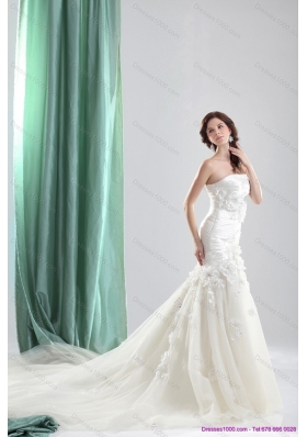 White 2015 Chapel Train Strapless Wedding Dresses with Ruching and Hand Made Flowers