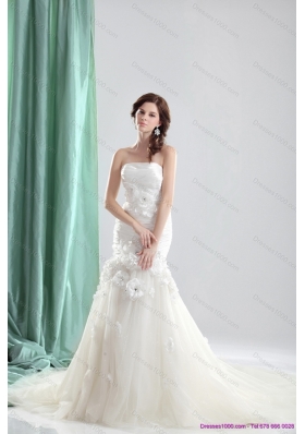 White 2015 Chapel Train Strapless Wedding Dresses with Ruching and Hand Made Flowers