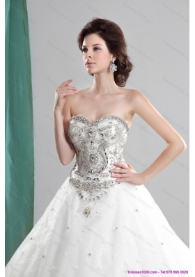 White Sweetheart Rhinestones Wedding Dresses with Chapel Train and Ruffles for 2015