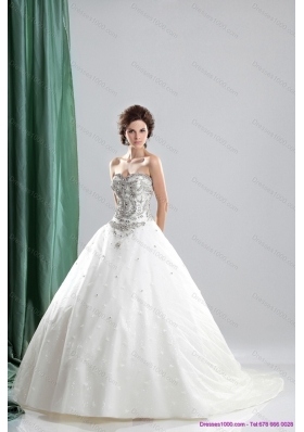 White Sweetheart Rhinestones Wedding Dresses with Chapel Train and Ruffles for 2015