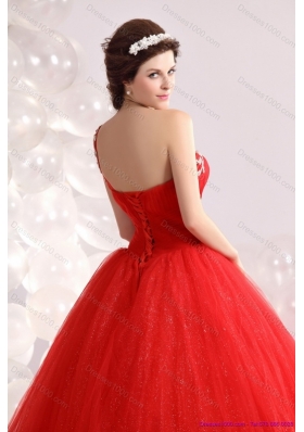 2015 Perfect Red One Shoulder Sweet 15 Dresses with Rhinestones