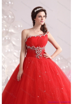 2015 Perfect Red One Shoulder Sweet 15 Dresses with Rhinestones