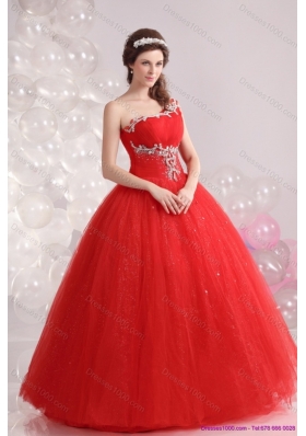 2015 Perfect Red One Shoulder Sweet 15 Dresses with Rhinestones