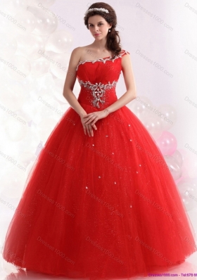 2015 Perfect Red One Shoulder Sweet 15 Dresses with Rhinestones
