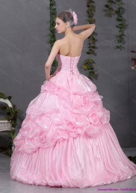 2015 Popular Pink Quinceanera Gowns with Hand Made Flowers and Ruffles