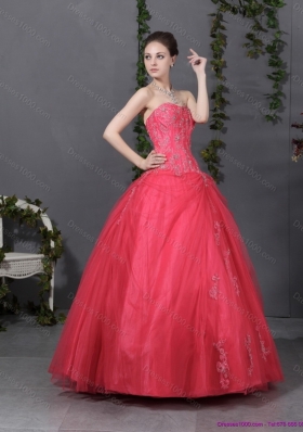 Coral Red Strapless Sweet 16 Dress with Ruching and Appliques