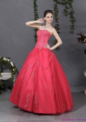 Coral Red Strapless Sweet 16 Dress with Ruching and Appliques