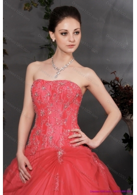 Coral Red Strapless Sweet 16 Dress with Ruching and Appliques