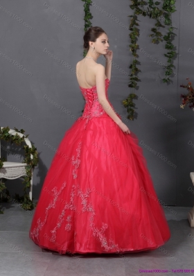 Coral Red Strapless Sweet 16 Dress with Ruching and Appliques