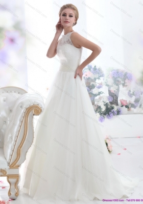 A-Line White High Neck Laced Wedding Dresses with Brush Train