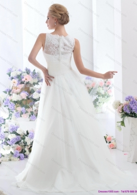 A-Line White High Neck Laced Wedding Dresses with Brush Train