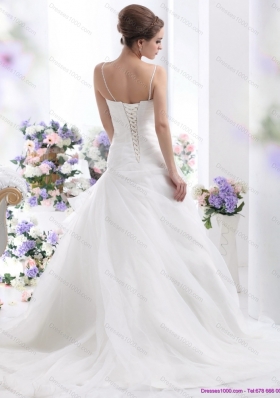 Elegant Ruched White Wedding Dresses with Brush Train and Appliques