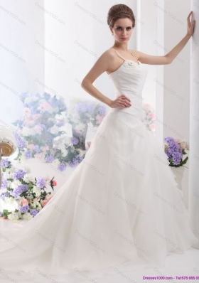 Elegant Ruched White Wedding Dresses with Brush Train and Appliques