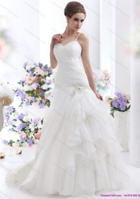 Elegant Ruched White Wedding Dresses with Brush Train and Appliques