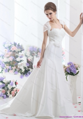 Elegant White Sweetheart Brush Train Wedding Dresses with Hand Made Flower and Ruffles