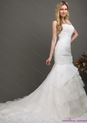 2015 Decent Strapless Mermaid Wedding Dress with Ruching and Ruffles
