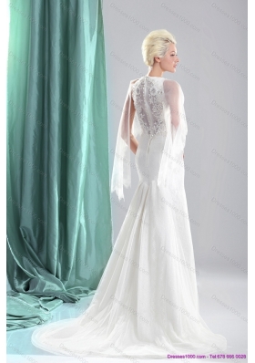 2015 Elegant Beading White Wedding Dresses with Brush Train