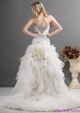 2015 Elegant Halter Top Wedding Dress with Beading and Ruffles