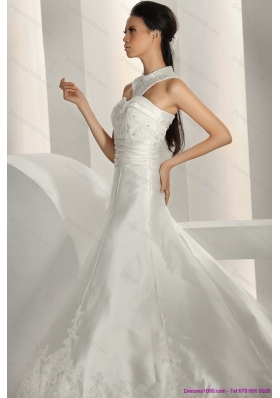 Elegant Beading White Wedding Dresses with Brush Train and Lace