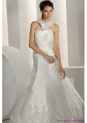 Elegant Beading White Wedding Dresses with Brush Train and Lace